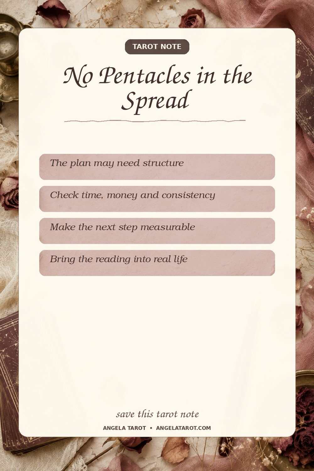 Pinterest tarot note for No Pentacles in the Spread