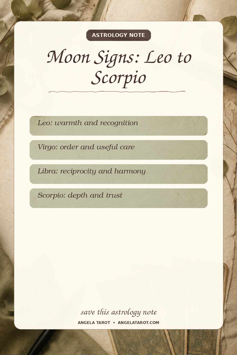Pinterest astrology note for Moon Signs: Leo to Scorpio