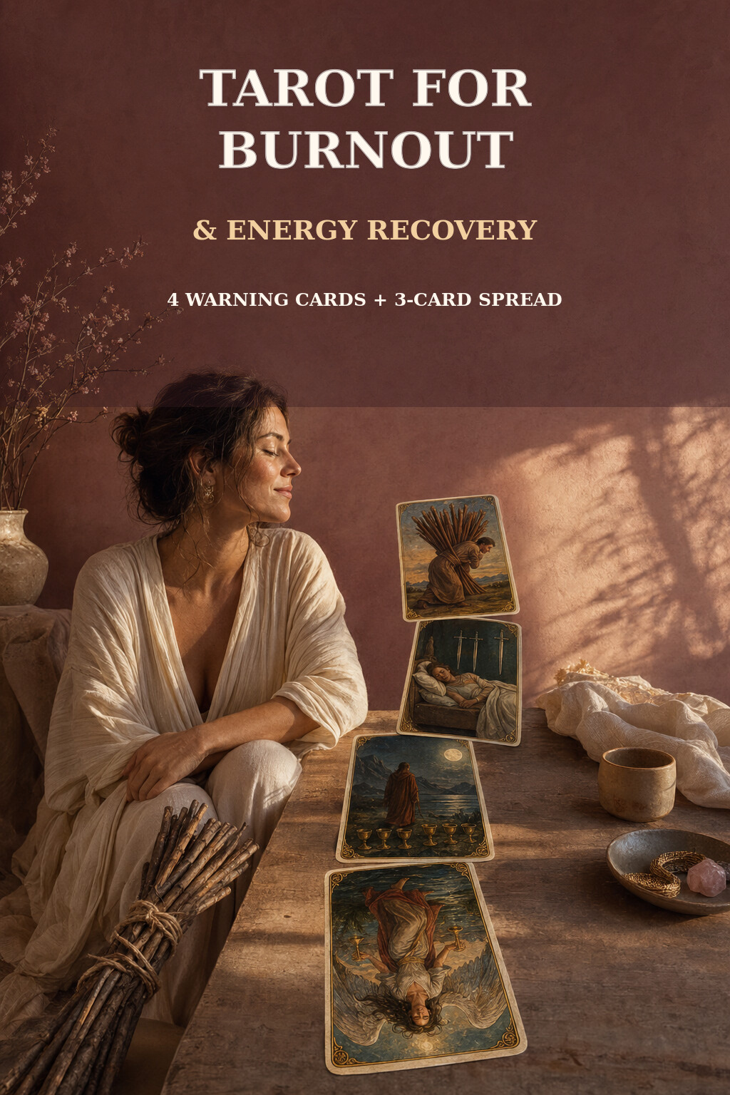 Pinterest cover for tarot burnout warning cards and energy recovery