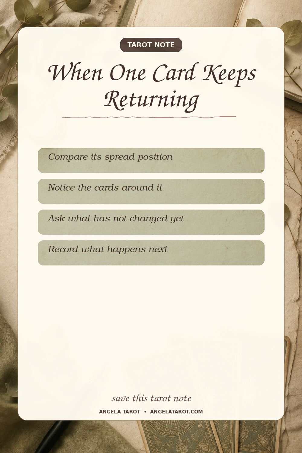 Pinterest tarot note for When One Card Keeps Returning