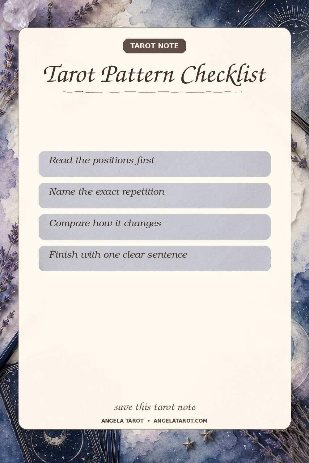 Pinterest tarot note for Tarot Pattern Checklist
