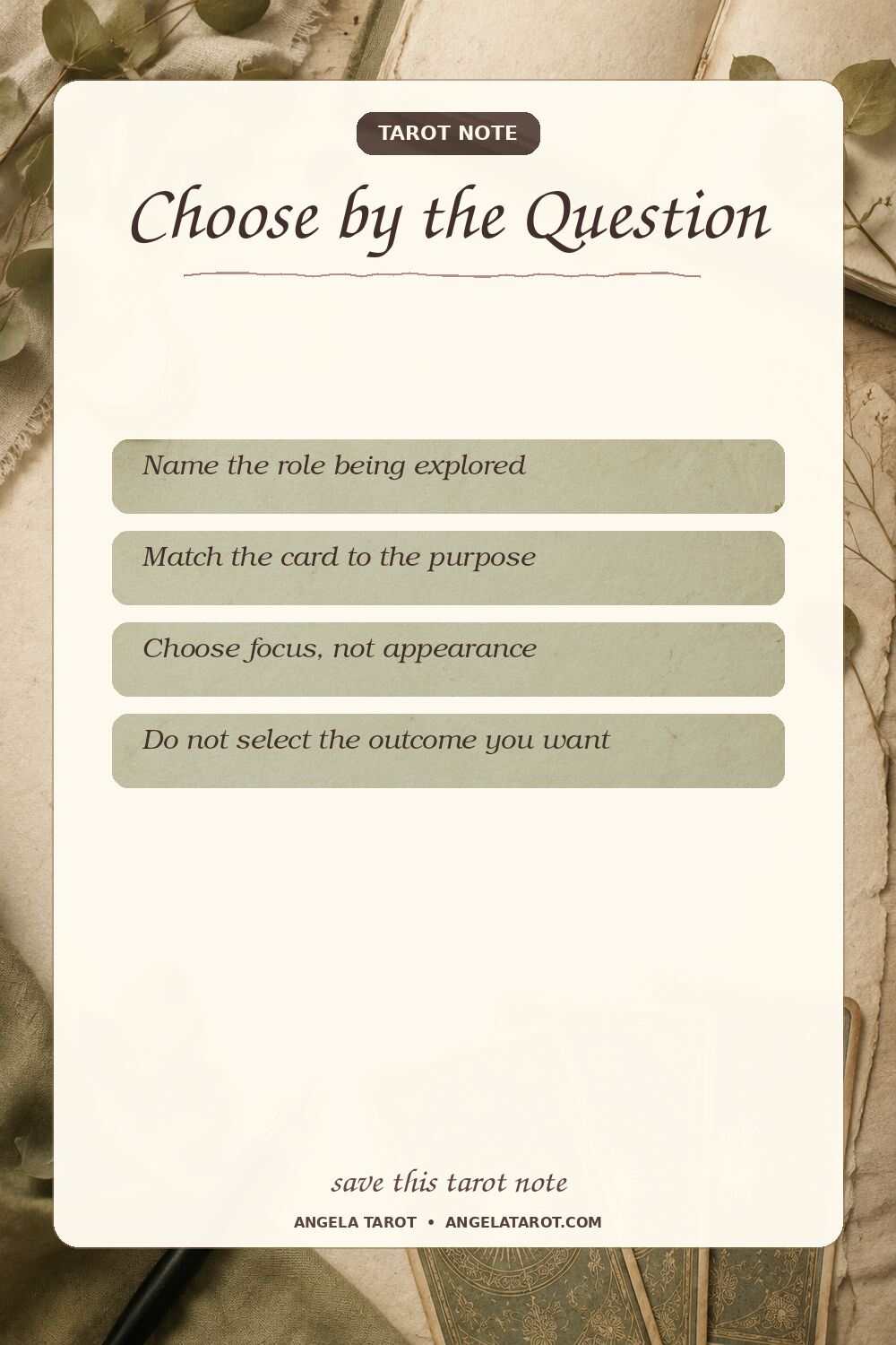 Pinterest tarot note for Choose by the Question