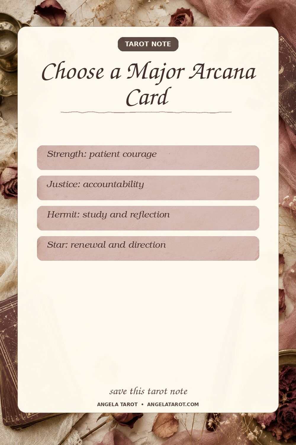 Pinterest tarot note for Choose a Major Arcana Card