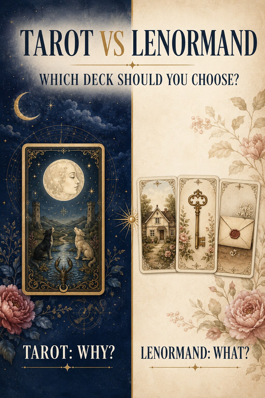 Pinterest cover comparing Tarot and Lenormand