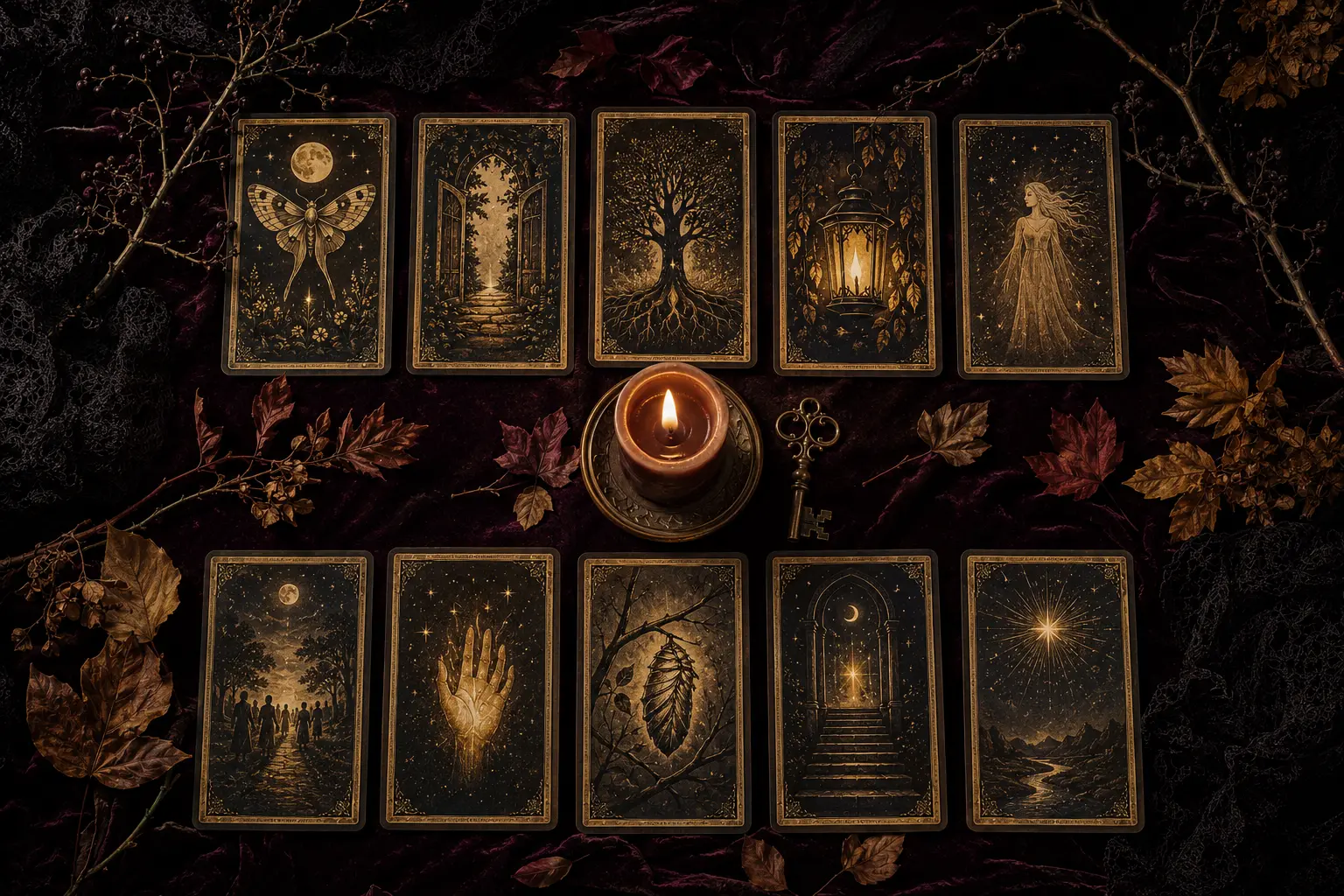 Ten symbolic tarot cards arranged around a candle, an old key and autumn branches for a Samhain reading