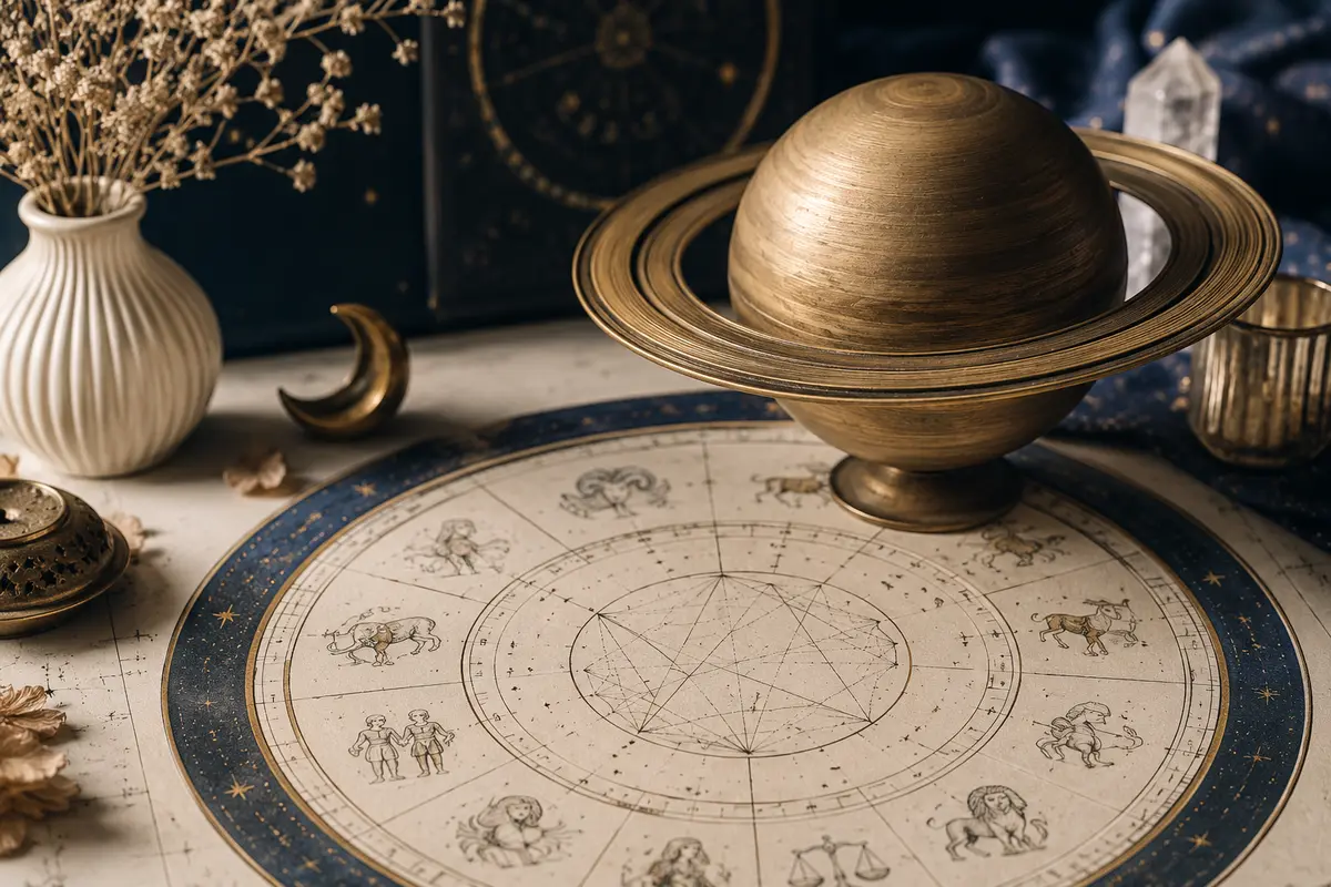 Brass Saturn above a zodiac wheel for Saturn return by sign