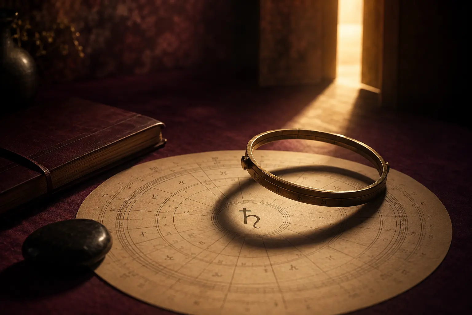 A brass ring casting a Saturn-shaped shadow across a natal chart