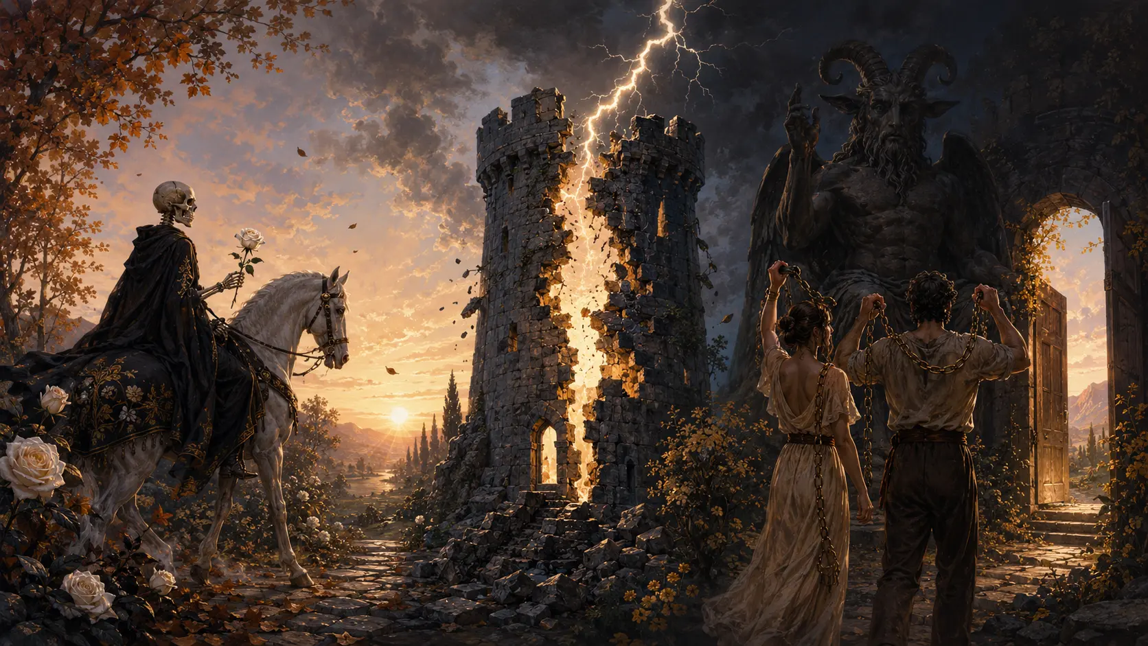 Death, The Tower and The Devil shown as change, revelation and release