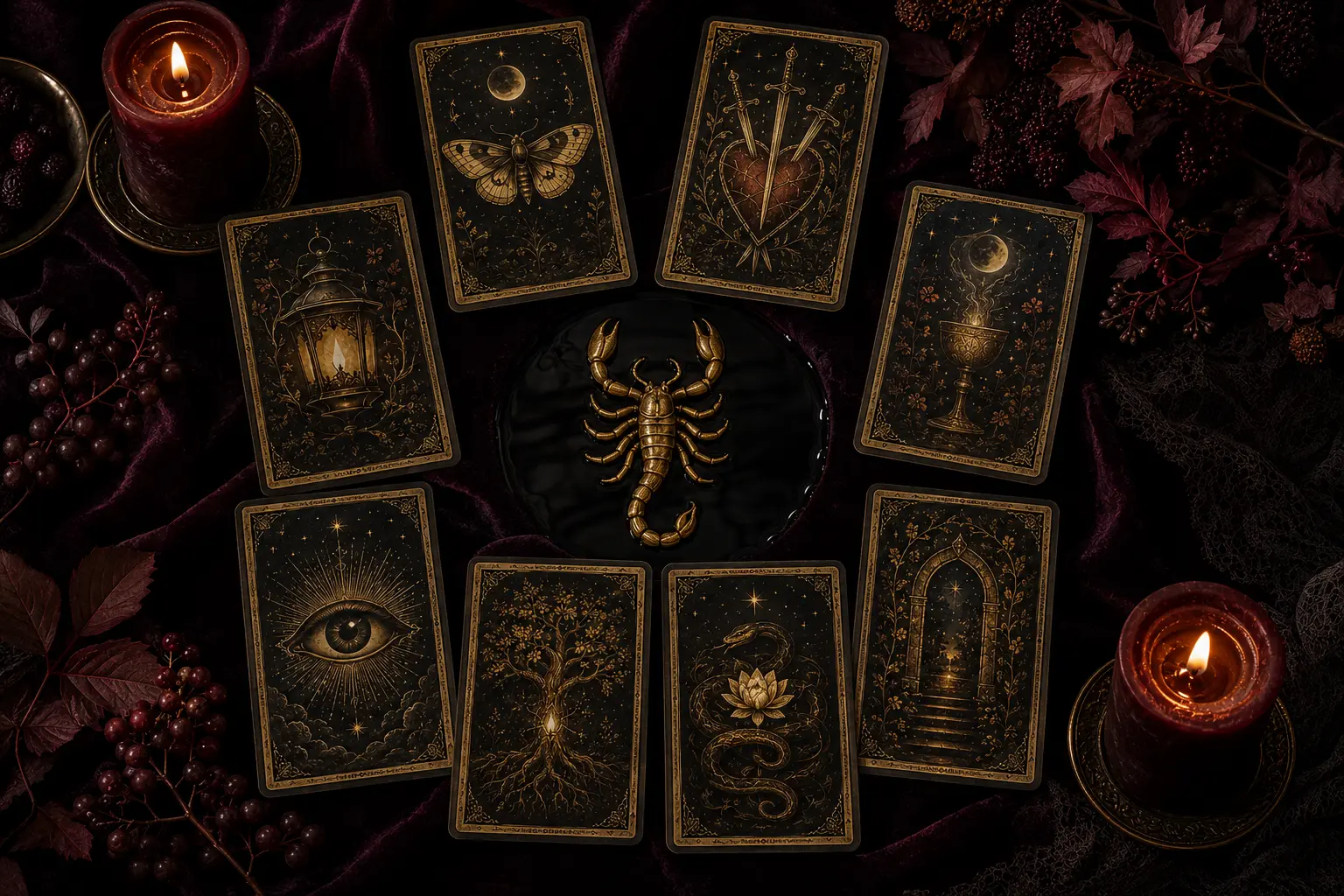 Eight tarot cards arranged with a scorpion symbol, dark water, burgundy candles and autumn branches