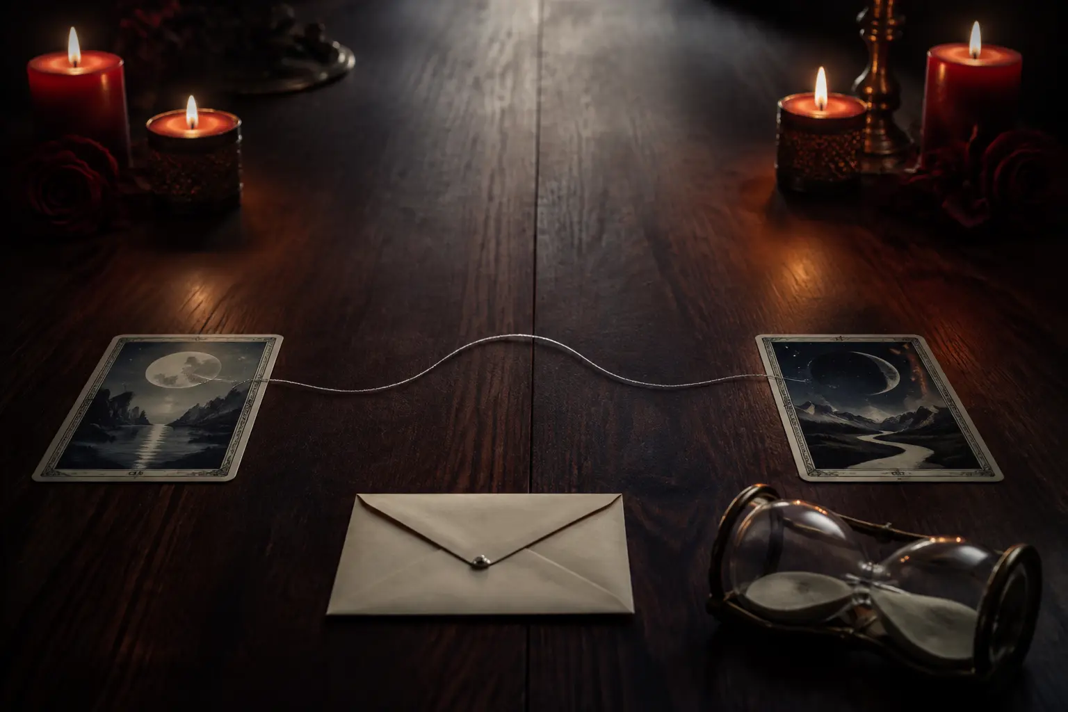 Two tarot cards separated across a dark table by a silver thread, an unopened letter and distant candlelight