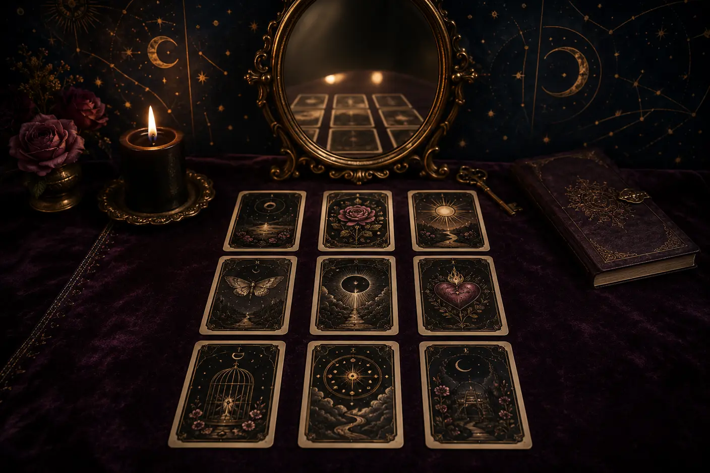 Nine cards around an antique mirror