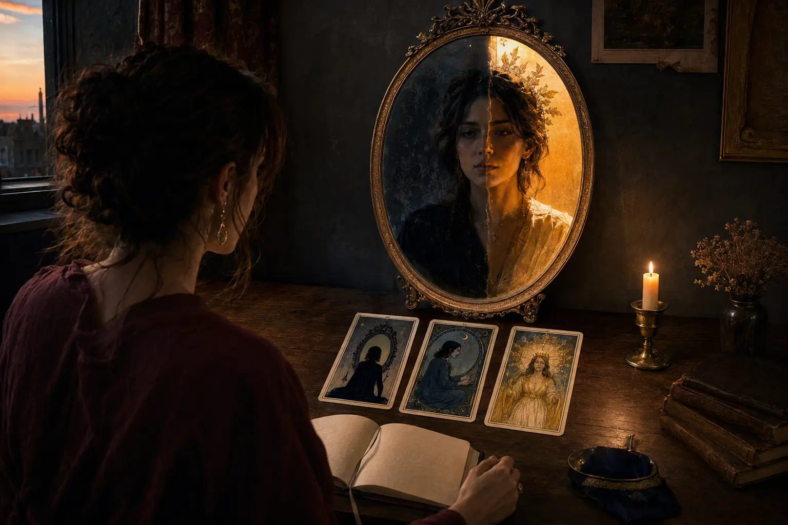 A tarot reader using three symbolic cards and a mirror for shadow work