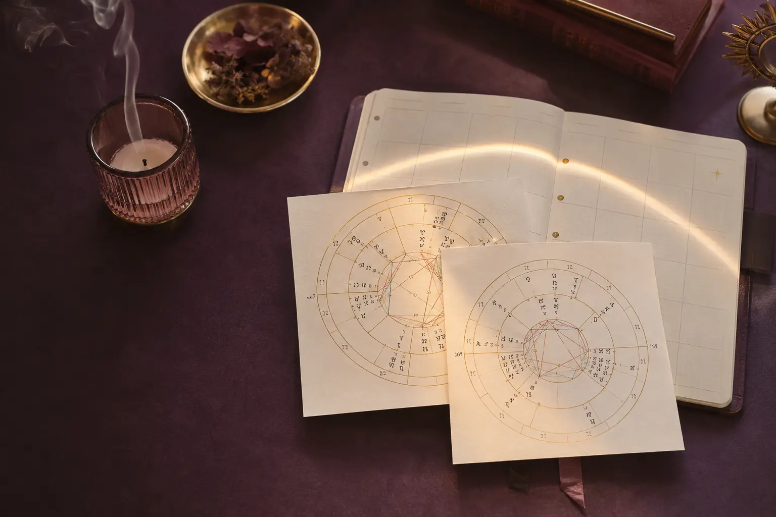 Natal and Solar Return charts beside a yearly planner