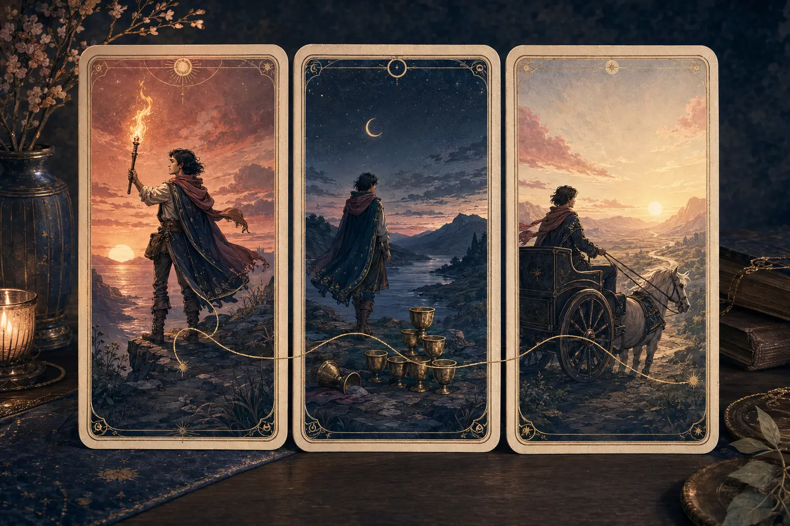 Three tarot cards connected as one continuous story