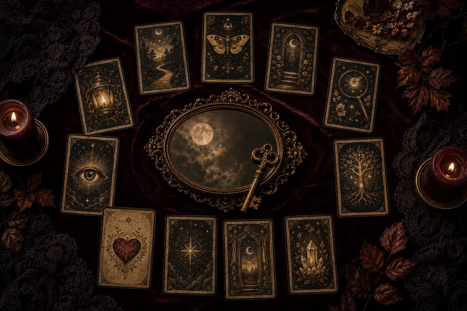Thirteen symbolic tarot cards arranged around a mirror, a key and moonlight to represent hidden truths