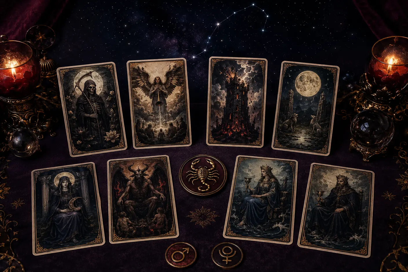 Original tarot-style cards associated with Scorpio arranged around a golden scorpion and Mars and Pluto medallions