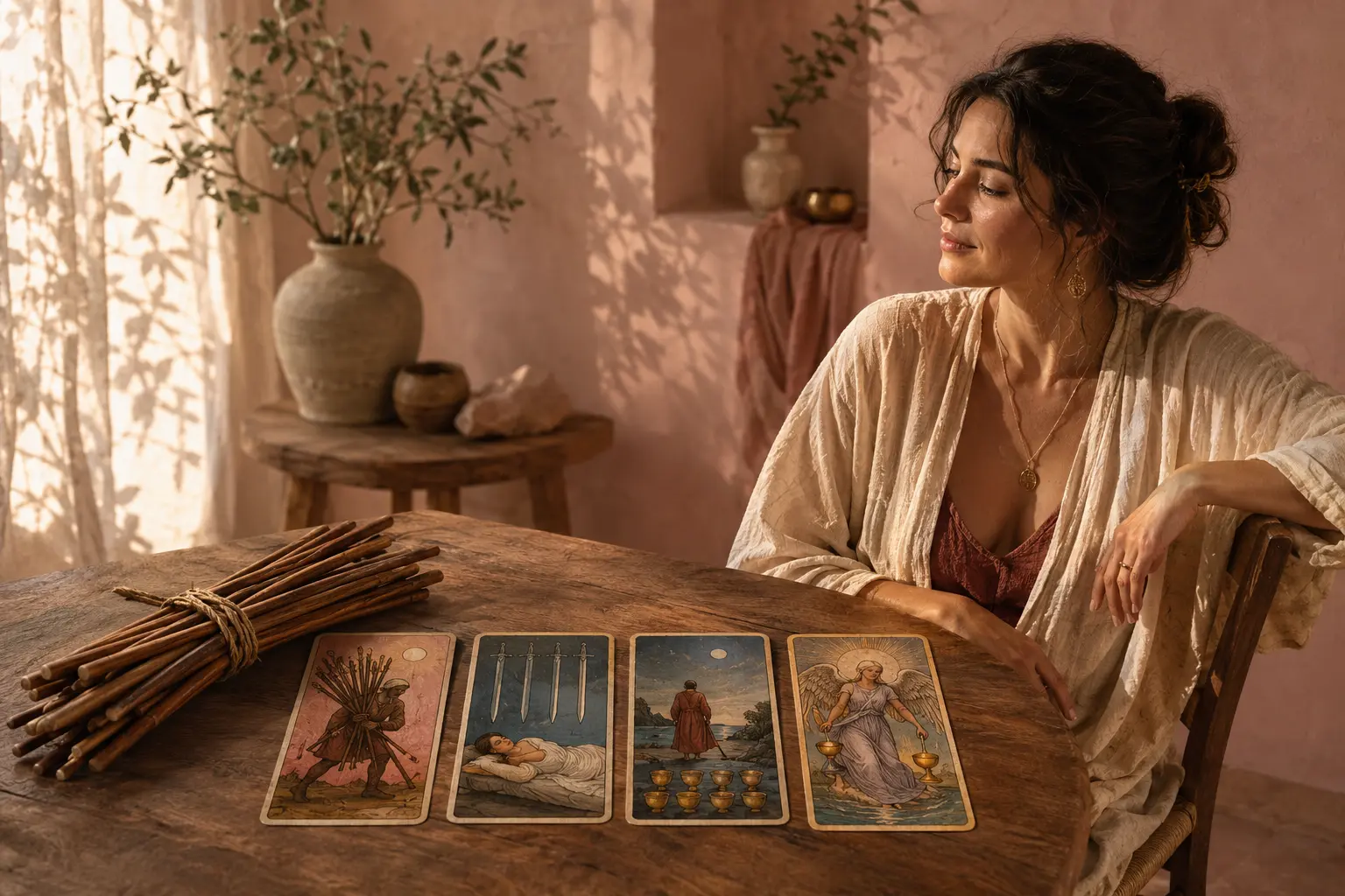 A reflective woman beside four tarot cards for overload and recovery