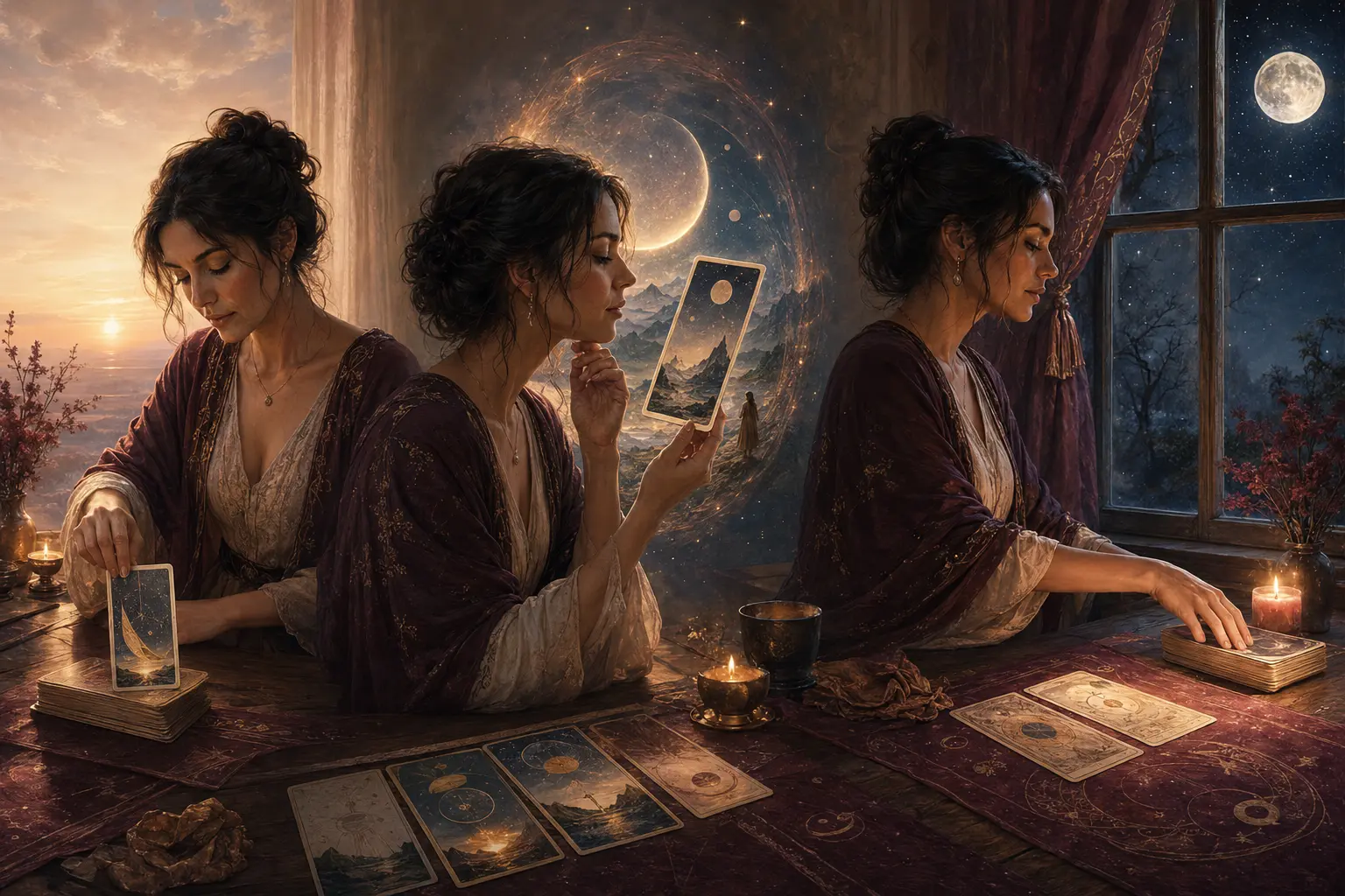 A tarot reader practicing with one card, image meditation and moonlight