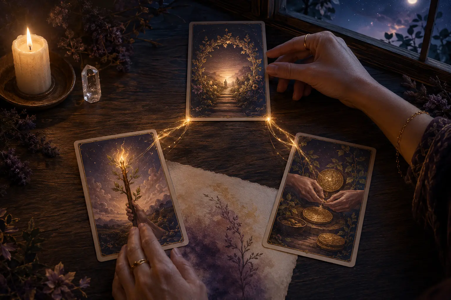 Three tarot cards linking intention, action and a completed goal