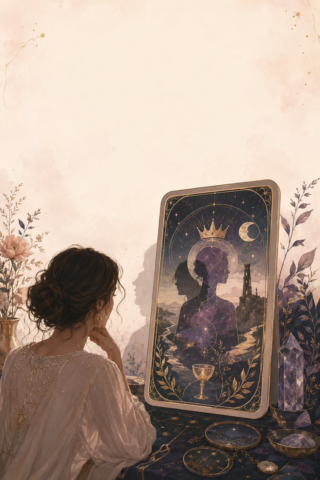 Original illustration of a person looking into a symbolic tarot mirror