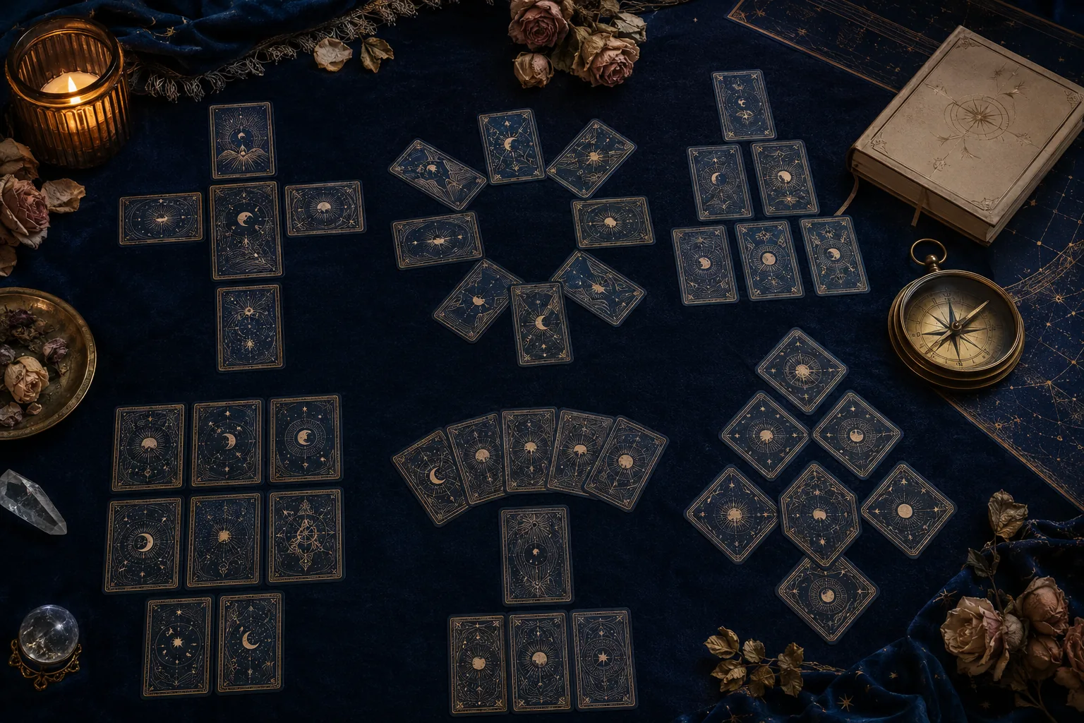 Many original tarot-style card backs arranged in distinct geometric spreads on deep navy velvet