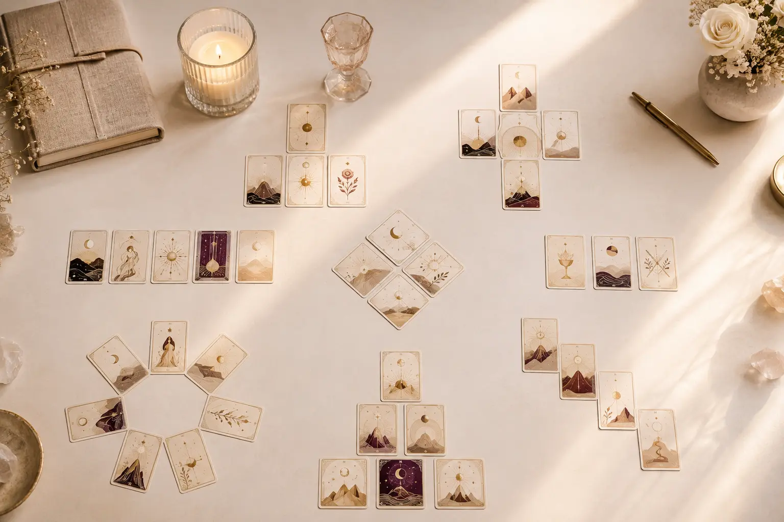 Several clear tarot layouts arranged on a pale table