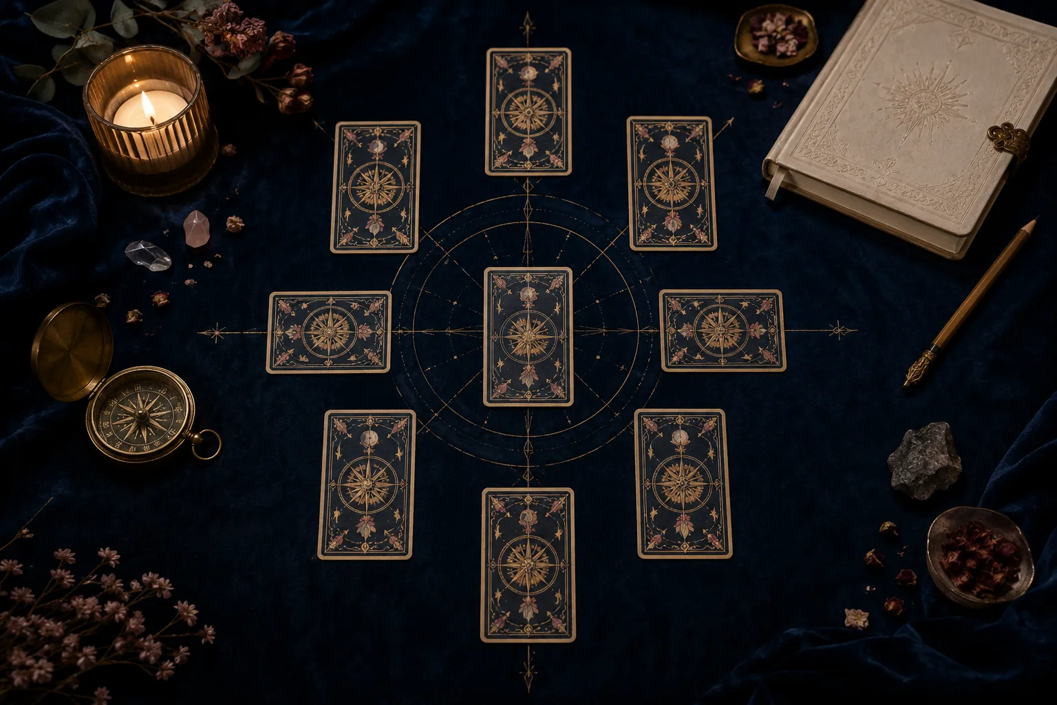 Nine original tarot-style card backs in a compass layout around one central card on navy velvet