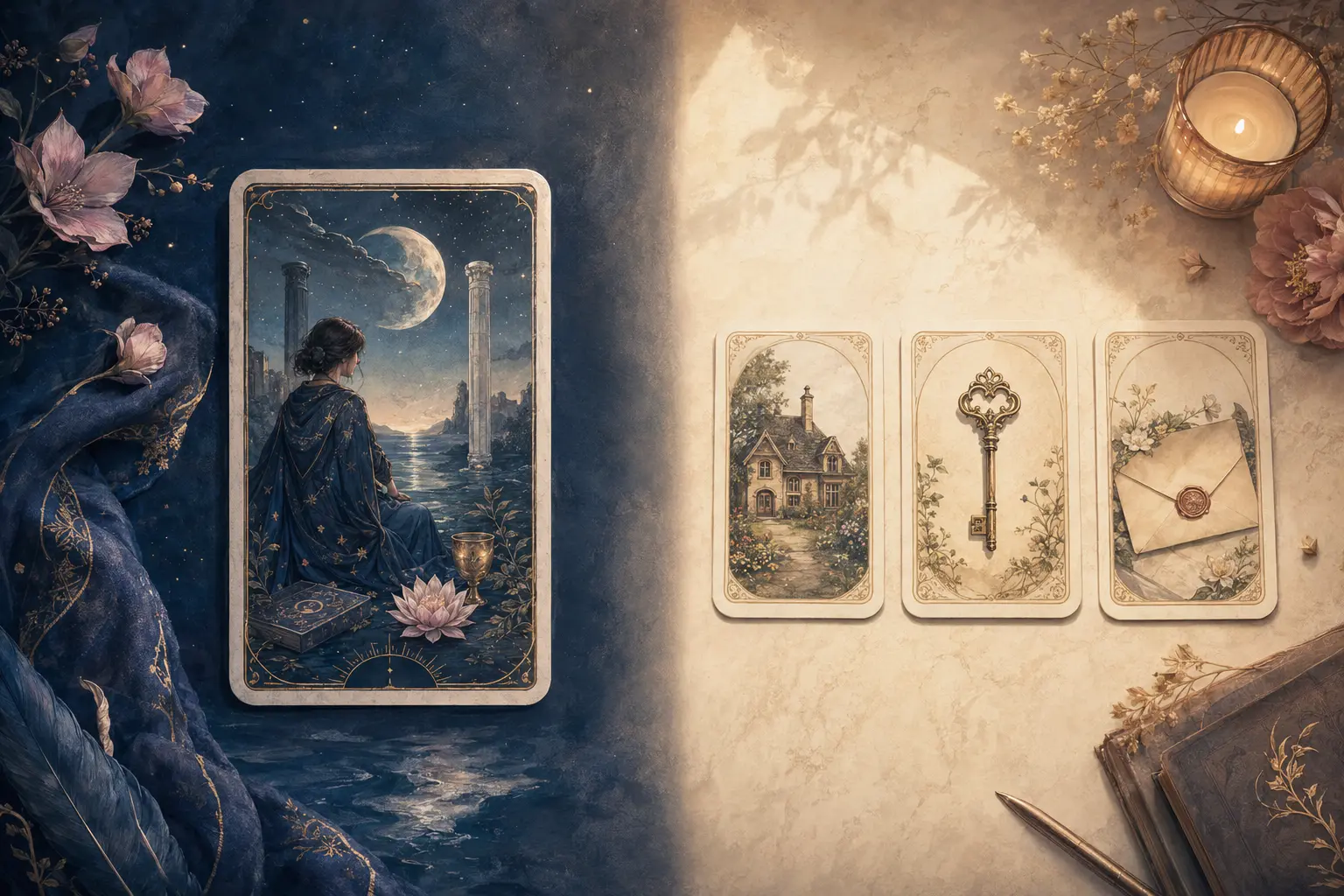 A symbolic Tarot card beside Lenormand House, Key and Letter cards
