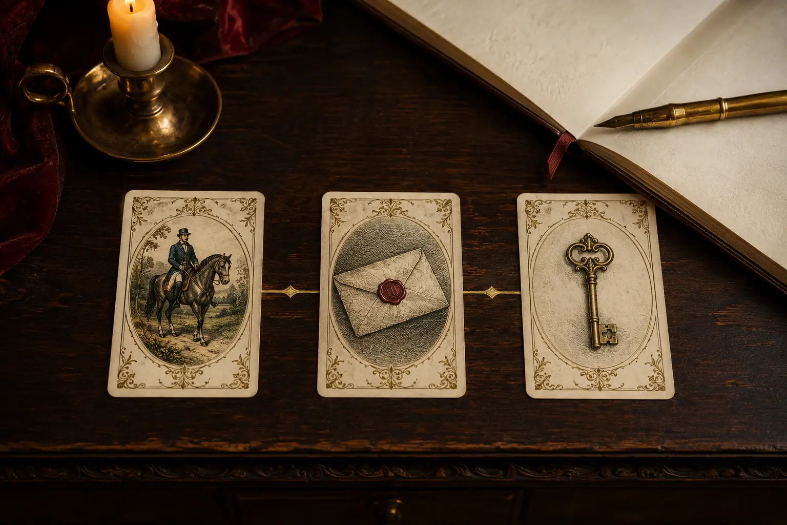 Three original Lenormand-style cards arranged in a clear horizontal line beside a question journal