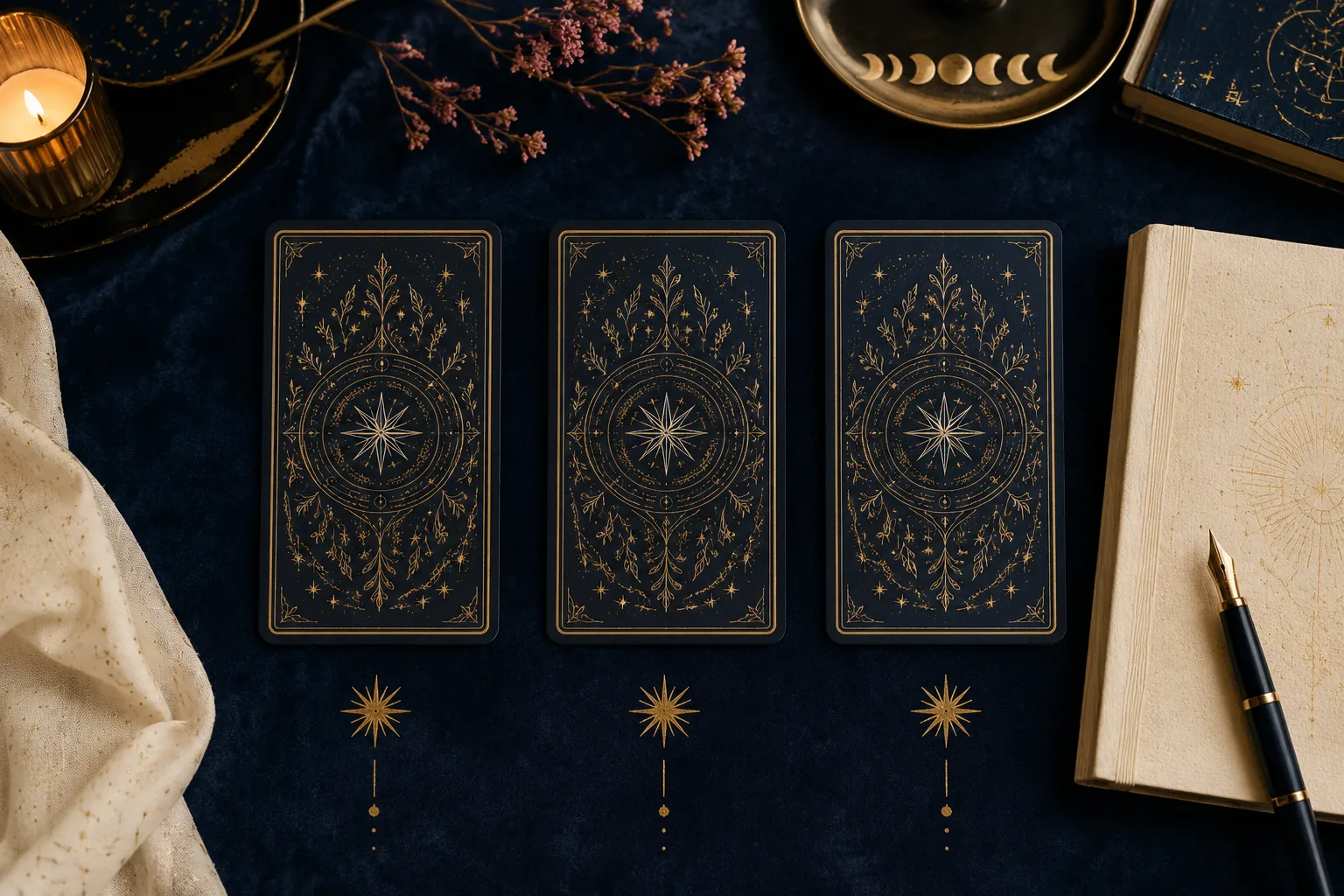 Three original tarot-style card backs in a clear horizontal spread beside a cream journal and candle
