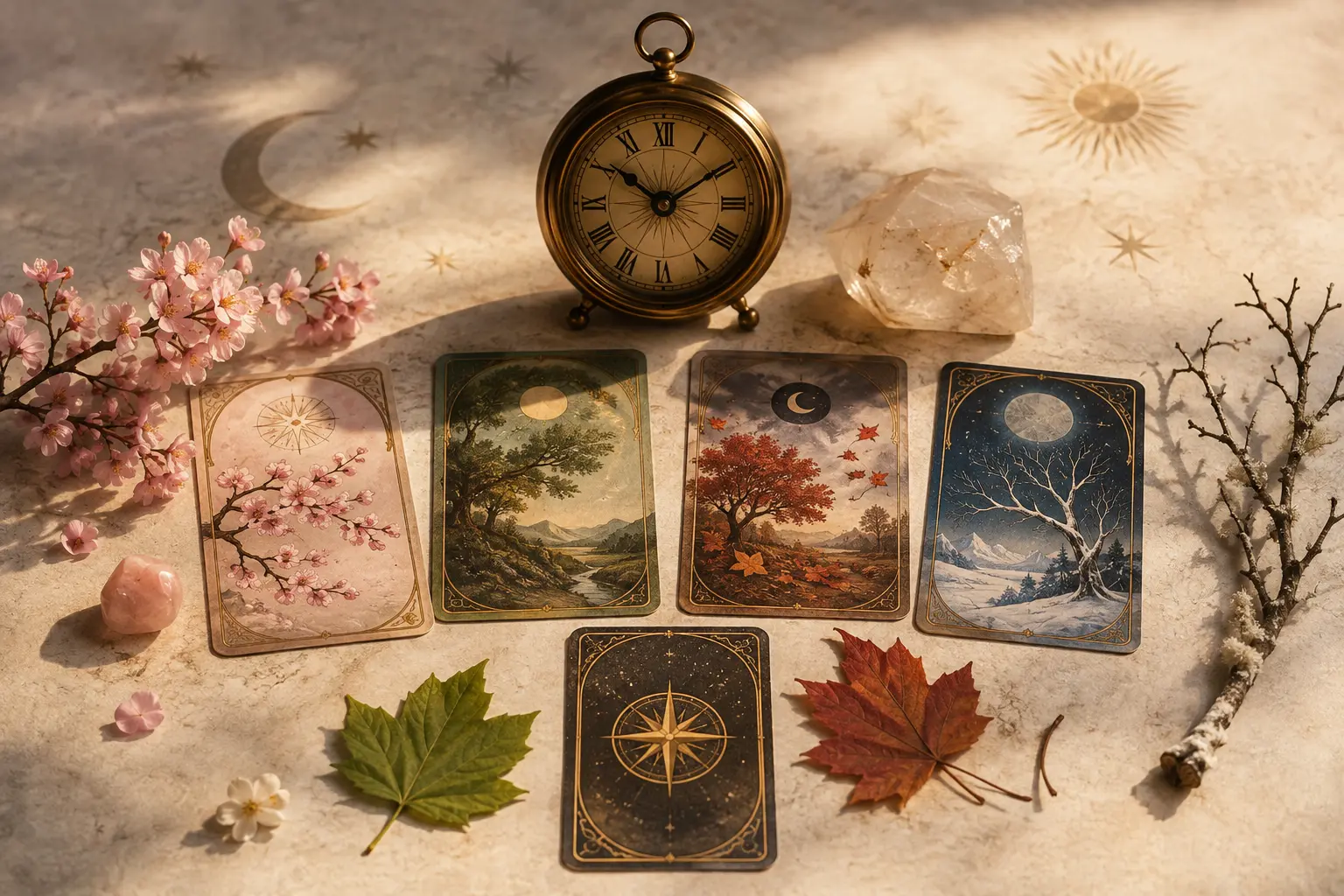 Tarot cards arranged around a brass clock and four seasonal symbols