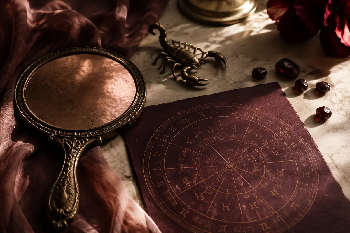 Copper Venus mirror and Scorpio motif beside a natal chart