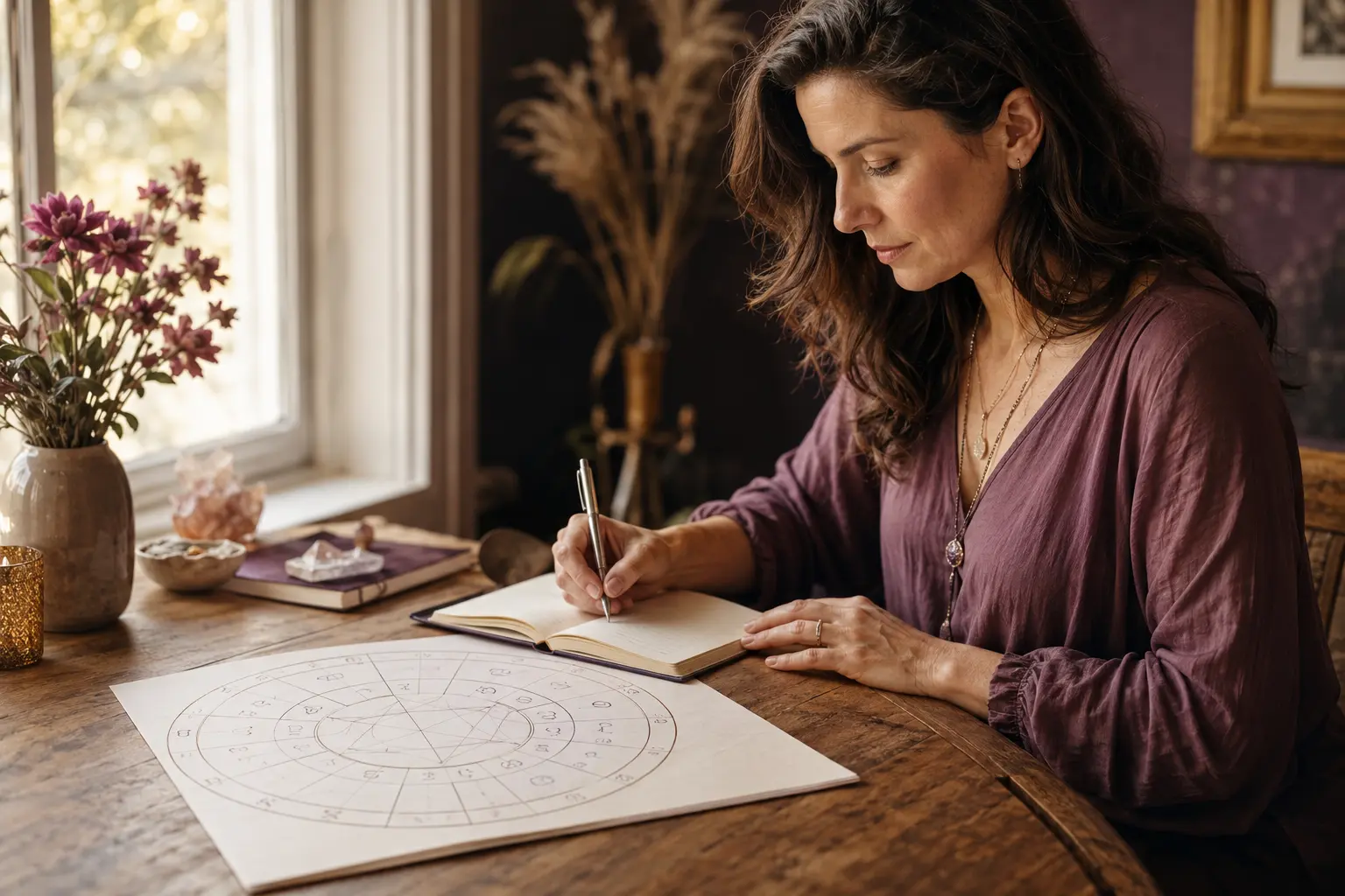 A woman studying her natal chart and writing a personal interpretation