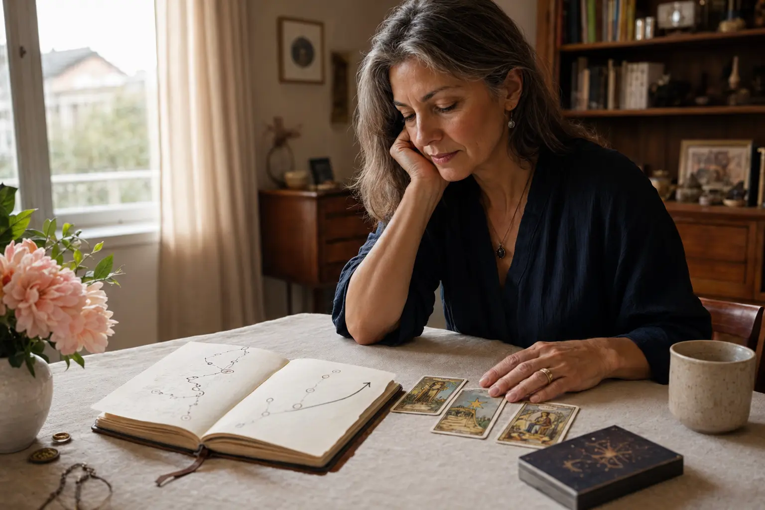 A tarot reader reviewing cards and a changing path in her journal