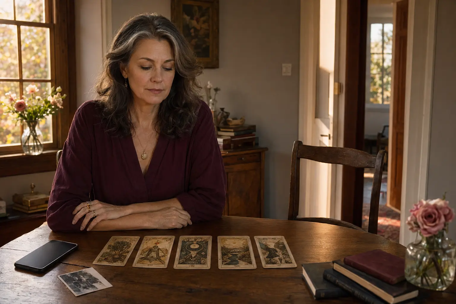 A tarot reader with five cards, a face-down phone and an empty chair