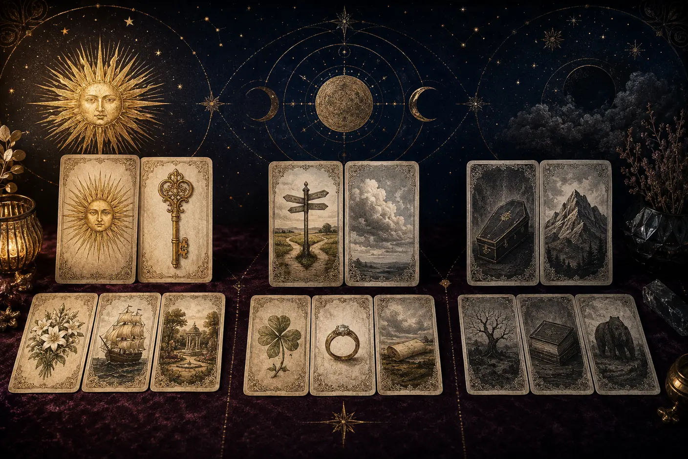 Original Lenormand-style cards arranged into positive, neutral and challenging groups